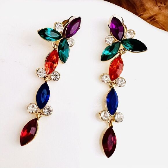 Vintage Colorful Earrings Rhinestones Dangle Blue Red Green Purple Clip On Long - Picture 1 of 10